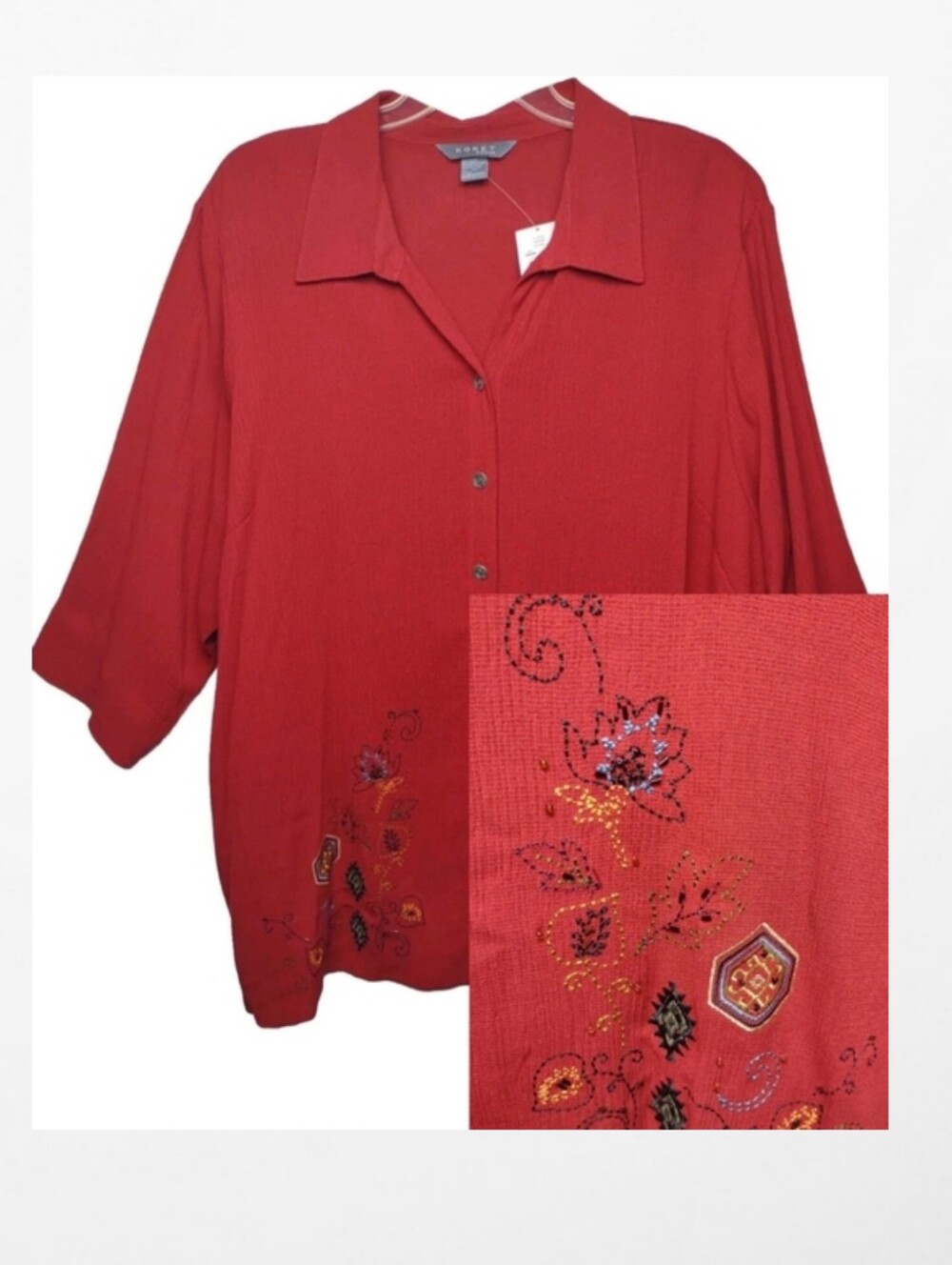Koret Red Button-Front Embroidered Blouse